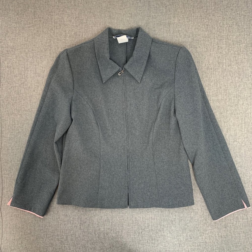 Jessica Howard Zipper Gray Blouse Collared Long Sleeve‎ Size 12 Shoulder Pads